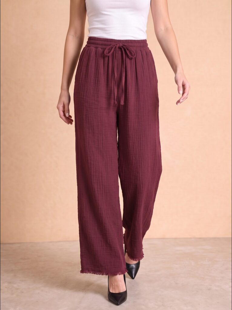 Bağcıklı Bordo Müslin Pantolon