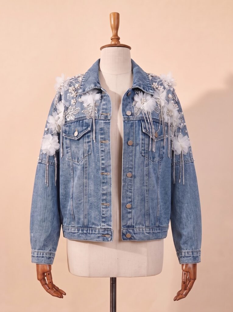 İnci & Tül İşlemeli Oversize Kot Ceket