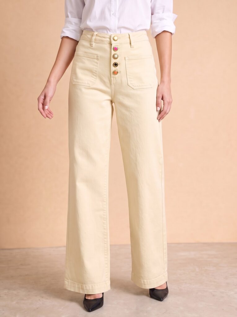 Altın Düğmeli Krem Wide Leg Pantolon
