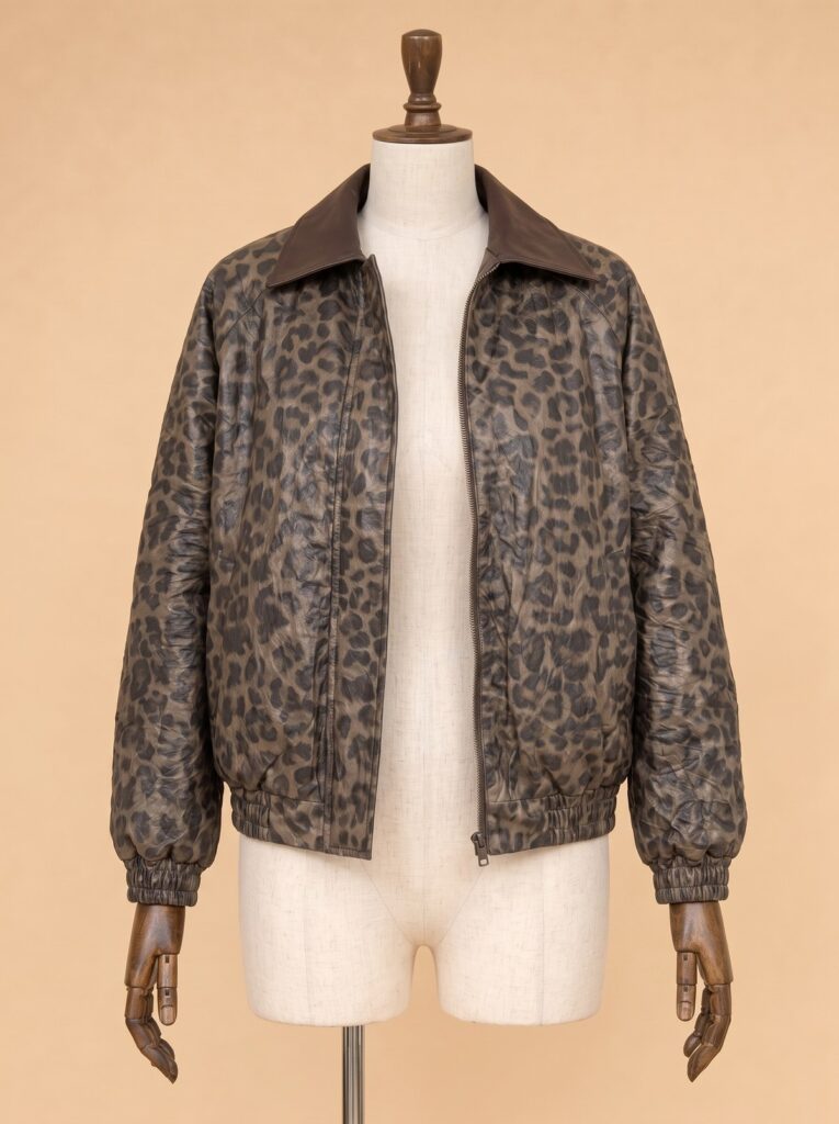 Leopar Deri Yaka Bomber Mont