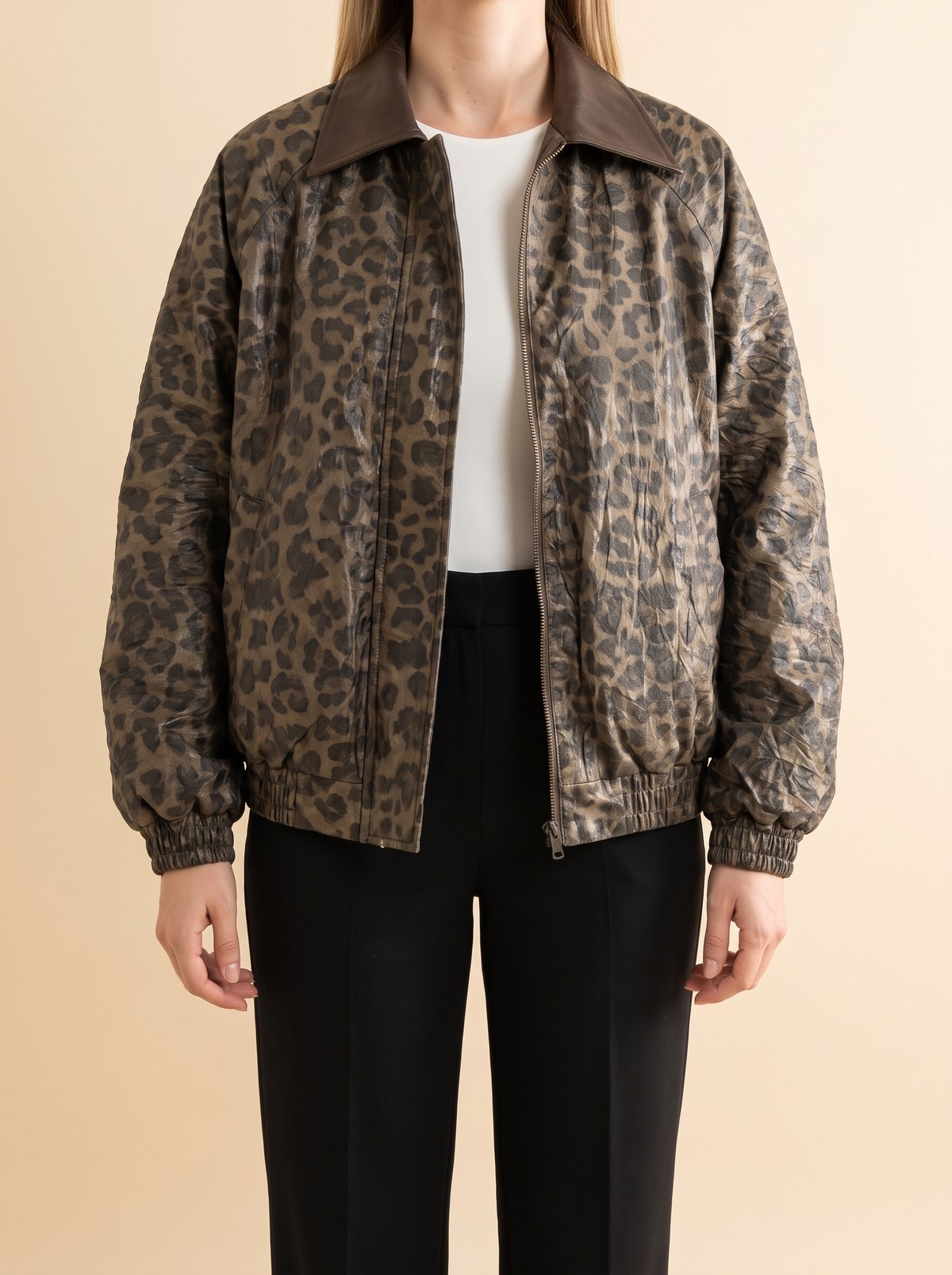 Leopar Deri Yaka Bomber Mont - Görsel 2