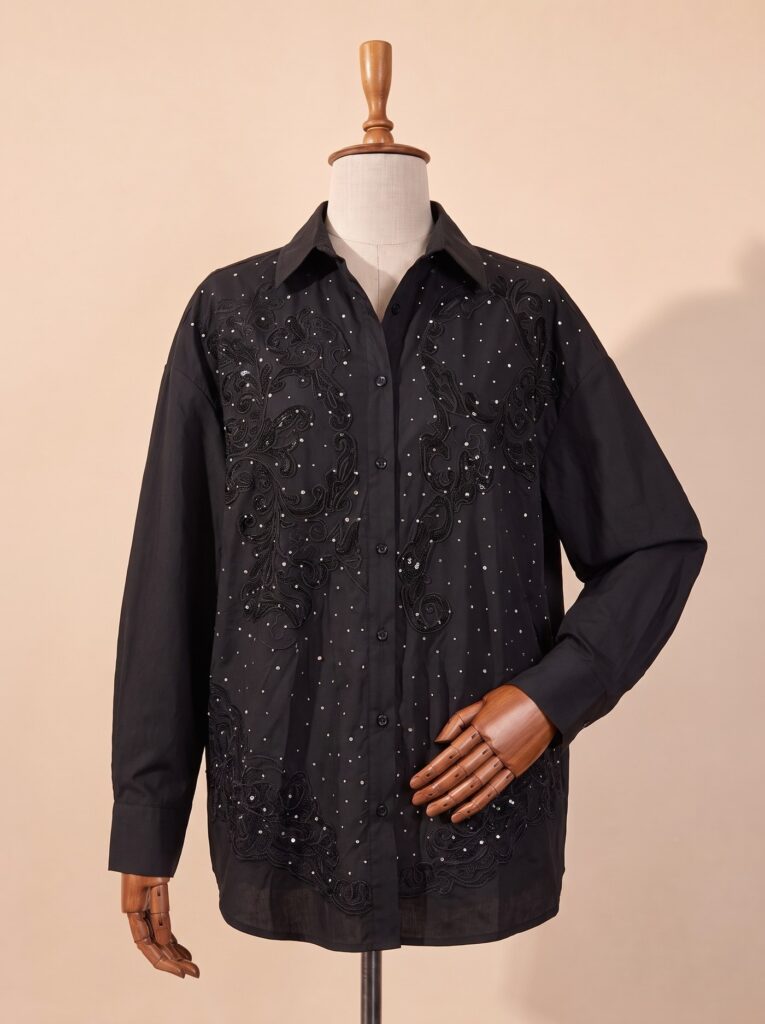 Taş İşlemeli Siyah Oversize Gömlek
