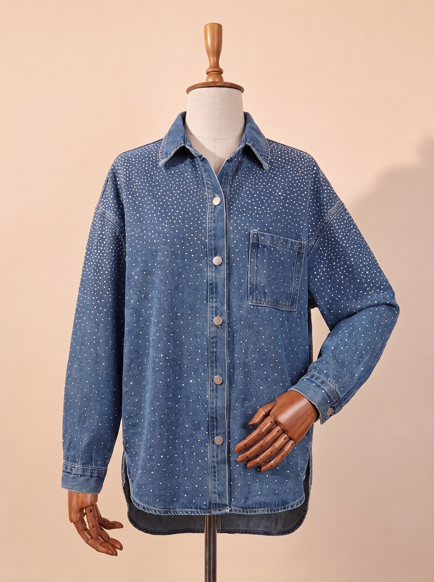 Taşlı Oversize Kot Gömlek