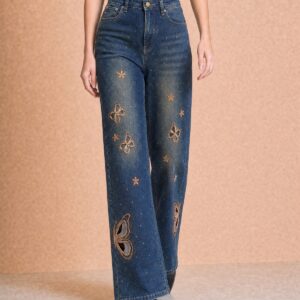 Kelebek İşlemeli Taşlı Wide Leg Kot Pantolon